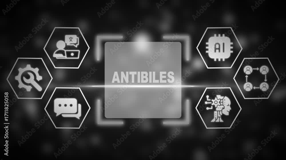 Poster central text antibiles surrounded by hexagonal icons representing ai and business processes on a dar
