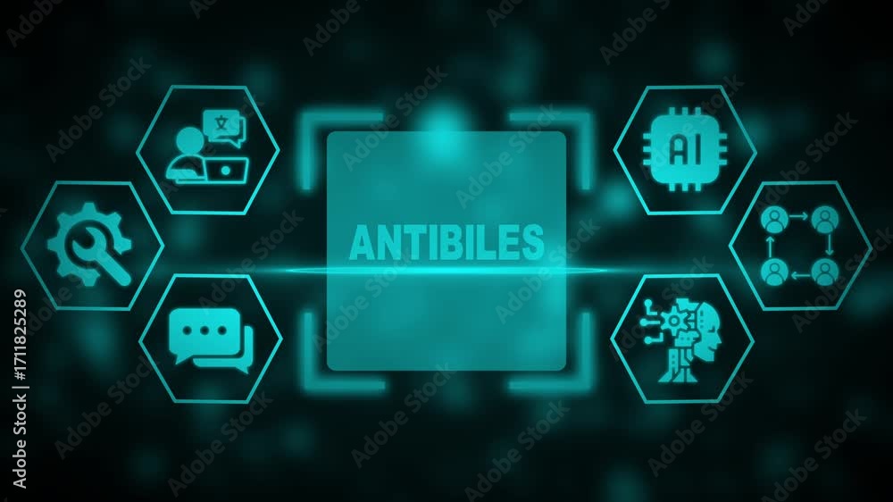 Poster Central text ANTIBILES in teal surrounded by hexagonal icons representing AI and business processes on a dark blurred background