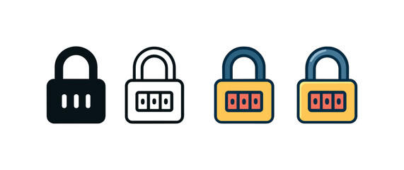 Vector icon security lock combination same pose same proportions four styles black solid glyph outline minimal flat multicolor filled cartoon flat shaded.