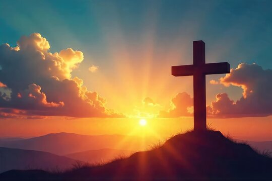 A symbolic image depicting Christian salvation; a cross silhouetted against a bright sunrise, suggesting hope, redemption, and new beginnings , God, light