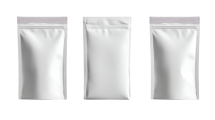 Three blank standup pouches isolated on transparent background, offering versatile packaging solutions for various products