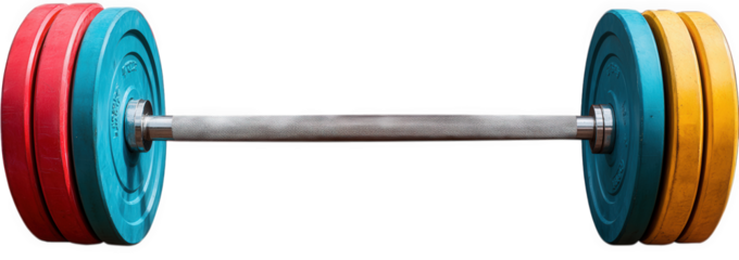 Barbell with colorful plates isolated on transparent background a closeup shot of a barbell loaded with red, blue, and yellow plates, ready for a weightlifting session