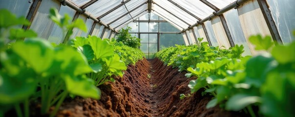 A thriving vegetable garden inside a greenhouse built from recycled materials and fueled by a rich compost heap  Sustainable gardening, eco-friendly farming ,  ecosystem,  mulch,  horticulture
