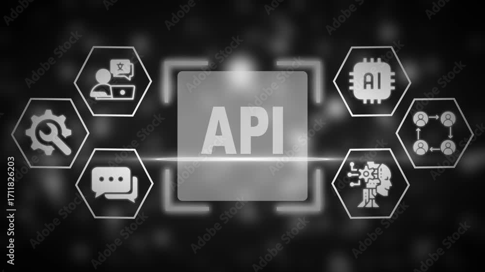Poster api concept with ai and network icons in grayscale on a dark background application programming inte