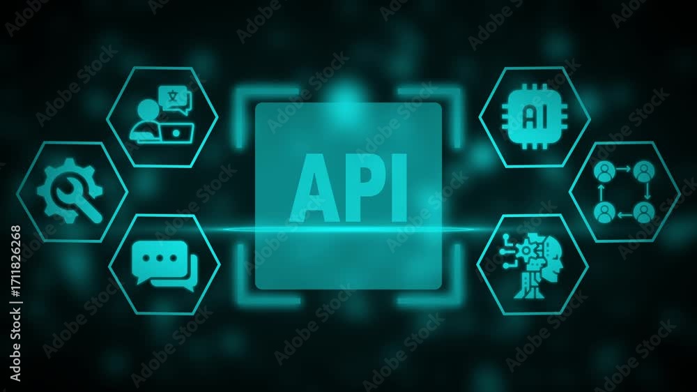 Poster application programming interface api concept with surrounding icons representing ai machine learnin