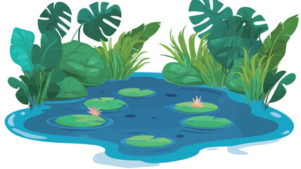 A digital illustration depicting a small pond with several water lilies floating on its surface. The pond is surrounded by lush green tropical plants, including large leaves resembling monstera
