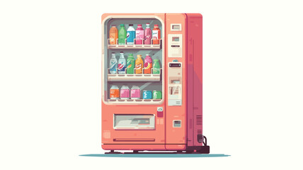 A digital illustration depicting a retro-style vending machine. The machine is predominantly light orange/pink, with a slightly darker shade for the sides.  It features three glass shelves stocked