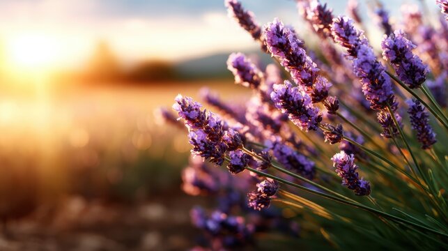 Lavender flowers bloom beautifully as the sun sets behind them, creating a serene and tranquil atmosphere characterized by nature's vibrant colors and comforting fragrance.