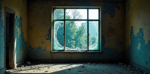 A shattered window in a derelict building, symbolizing the aftermath of a violent crime scene; broken glass, urban decay, and the impact of violence are clearly visible , emergency, broken pane