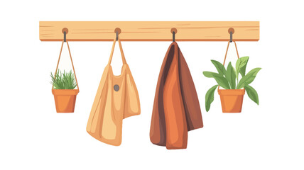 A digital illustration depicts a simple wooden wall-mounted hook rack against a white background.  Three hooks are visible, each holding either a hanging potted succulent, an off-white apron, 