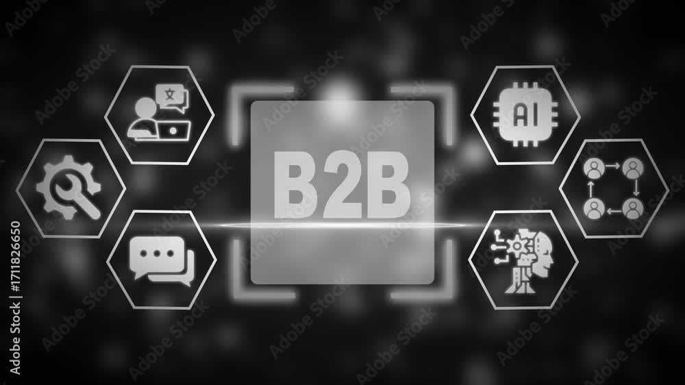 Poster grayscale business to business b2 b concept with surrounding icons representing ai machine learning 