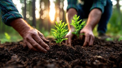 A dedicated gardener nurturing young trees in rich soil, symbolizing hope and growth, as the morning sunlight filters through the trees, creating a serene atmosphere.