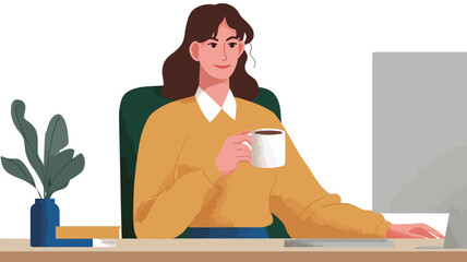 A stylized vector illustration depicts a woman with shoulder-length brown hair sitting at a desk in front of a computer. She is wearing a yellow sweater, white collared shirt, and a headset