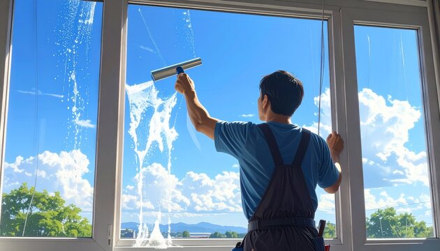 Window cleaner skillfully using a sturdy squeegee to wash, wipe, and polish glass, leaving the window sparkling bright and transparent, reflecting clear blue sky with sunlight, freshness, hygiene, cla