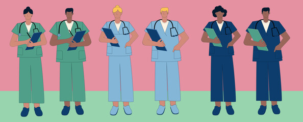 Multiethnic nurse characters group. Medical team isolated vector illustartion
