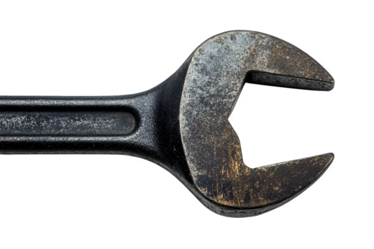 Closeup of a weathered black wrench isolated on transparent background, showcasing its robust construction and essential tool for mechanical repairs and maintenance tasks in various settings