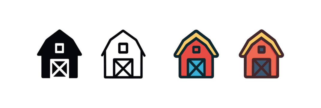 Vector icon farm barn same pose same proportions four styles black solid glyph outline minimal flat multicolor filled cartoon flat shaded.