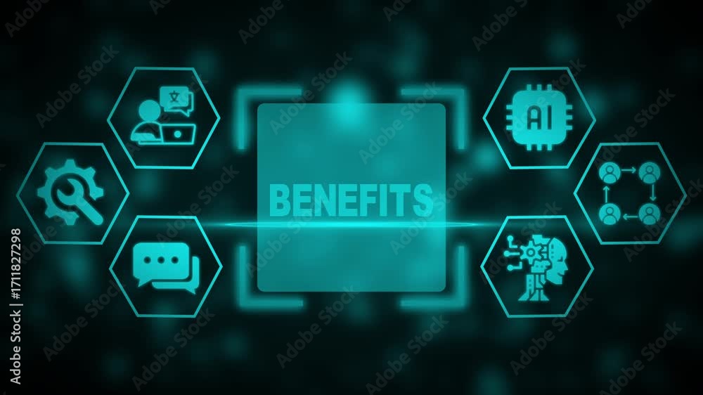 Poster teal glowing ai benefits concept with hexagonal icons and central text artificial intelligence techn
