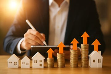 Rising Real Estate Market Coins, Houses, and Arrows Symbolizing Investment Growth and Property Value Appreciation in a Booming Economy
