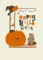 Happy Halloween. Illustration with Big Pumpkin and Little Bat