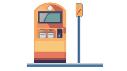 The image is a digital illustration of a ticket vending machine and a pole display. The ticket machine is predominantly orange-yellow with a rectangular screen, button panel, and card reader. 