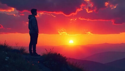 A solitary figure silhouetted against a vibrant sunset, conveying a sense of peaceful isolation and spiritual reflection, finding solace in nature's grandeur , quiet, finding