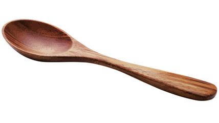 A high-angle, full shot of a single wooden spoon isolated on a bright white background. The spoon is reddish-brown in color with visible wood grain.  The spoon has an oval-shaped bowl and a long,