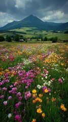 Fototapeta premium A beautiful meadow with an abundance of colorful flowers, leading to a majestic mountain backdrop beneath a cloudy sky, is a breathtaking landscape