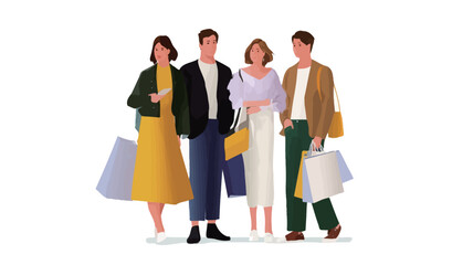 A digital illustration depicting four young adults, two men and two women, standing together, holding shopping bags.  The style is flat, vector-based, with clean lines and minimal details. 