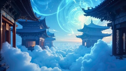 Ancient style architecture and circular rings in the sea of clouds
