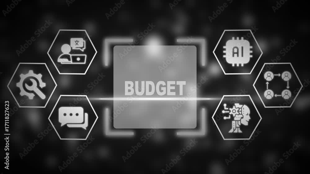 Aufkleber black and white ai budget concept with hexagonal icons and central text artificial intelligence tech