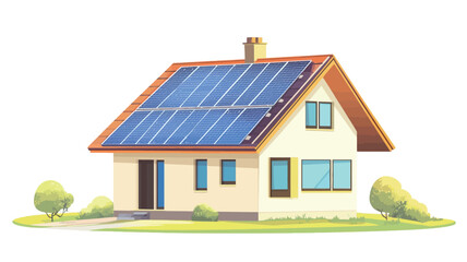 A digital illustration depicts a single-story house with a sloped roof.  The roof is covered with multiple blue solar panels. The house is light yellow with brown roof tiles and dark blue door.