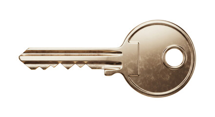 Isolated brass-tone door key with apartment complex designation for premises access control