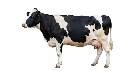 Isolated dairy cow standing in studio, Holstein black and white, farm animal mammal, long shot