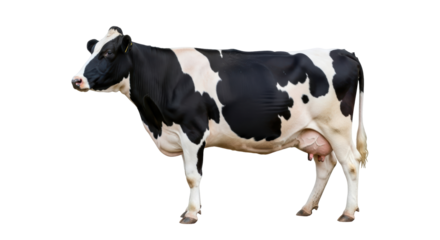 Isolated dairy cow standing in studio, Holstein black and white, farm animal mammal, long shot