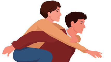 A digital illustration depicts two men, both with short brown hair. One man is giving a piggyback ride to the other. The man giving the ride is wearing a dark red long-sleeved shirt and blue jeans