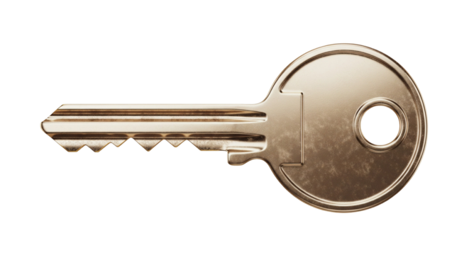 Isolated brass-tone door key with apartment complex designation for premises access control