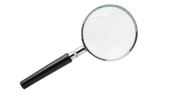 Isolated magnifying glass enhances the examination of text below in a close-up perspective