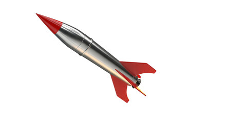 Isolated Rocket ship with red fins, silver body soaring upward at high speed journey