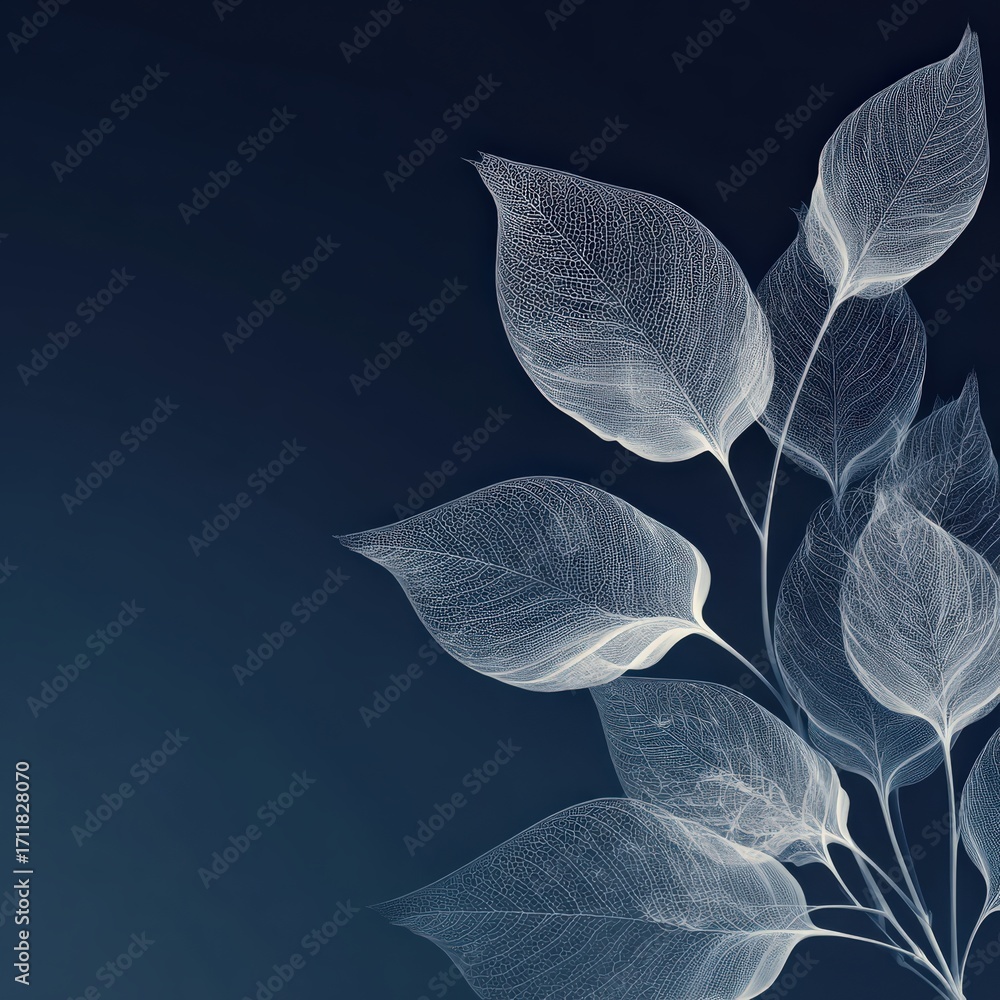 Poster a delicate arrangement of translucent leaves against a deep blue background, showcasing intricate pa