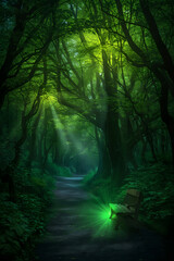 Fototapeta premium Illustration Mysterious Forest Trail at Sunrise