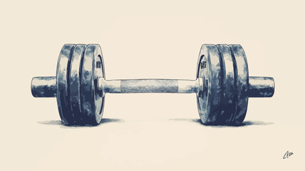 A digital illustration of a steel dumbbell, viewed from a slightly elevated angle. The dumbbell has a long, straight bar connecting two large, circular weight plates on either end. The plates
