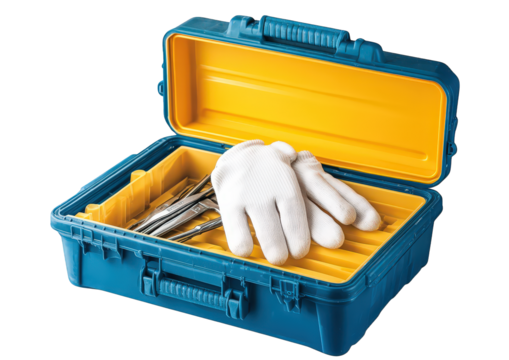 Open blue toolbox with yellow interior containing gloves and tools, a portable storage solution for organizing and transporting equipment for various tasks isolated on transparent background - Powered by Adobe