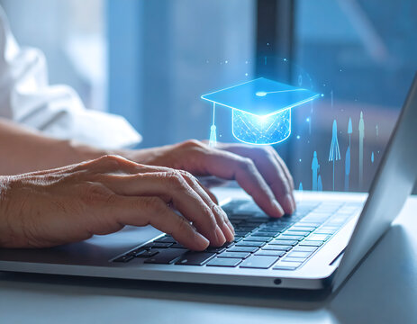 Online Education: A student's hands typing on a laptop, with a digital graduation cap overlay