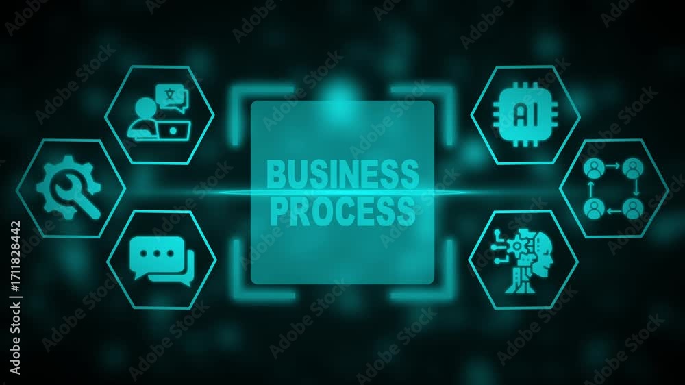 Poster business process concept with ai and workflow icons in teal glowing hexagons on dark background arti