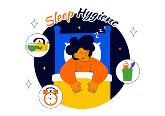 Sleep Hygiene Illustration Featuring a Young Person Sleeping in Bed with a Comfortable Mattress, Regular Sleep Schedule, and Daily Bedtime Routine