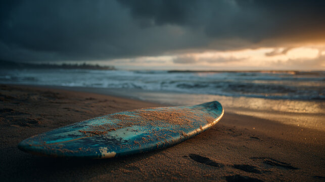 A surfboard resting on the sandy beach with ocean waves and a dramatic cloudy sky at sunset