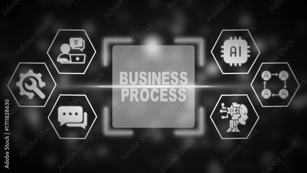 Poster business process concept with ai and workflow icons in monochrome glowing hexagons on dark backgroun