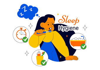 Sleep Hygiene Illustration Featuring a Young Person Sleeping in Bed with a Comfortable Mattress, Regular Sleep Schedule, and Daily Bedtime Routine
