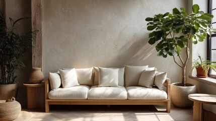A couch with pillows and a pot of plants